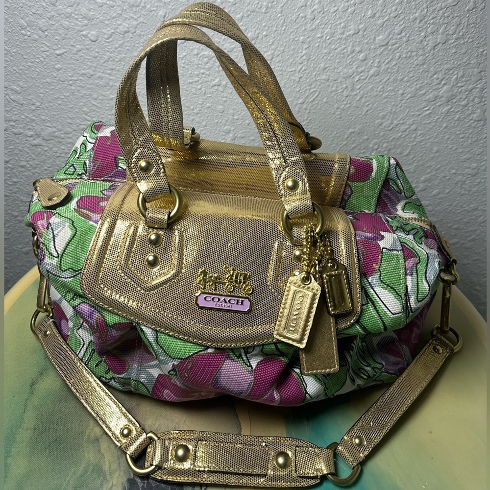 Vintage Coach Poppy Satchel Bag Multicolor Floral Gold Metallic Trim 14589 - Picture 2 of 13